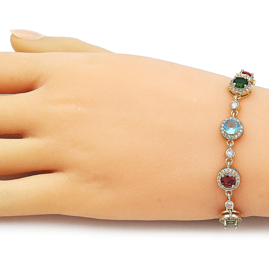 Oro Laminado Tennis Bracelet, Gold Filled Style Cluster Design, with Multicolor and White Cubic Zirconia, Polished, Golden Finish