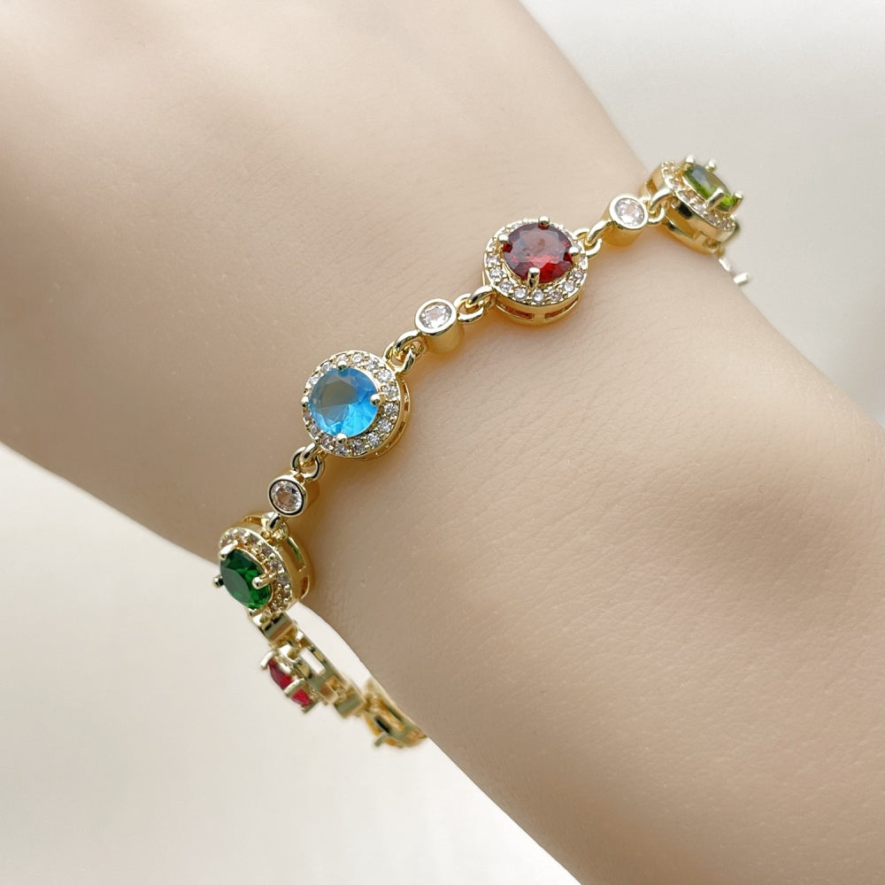 Oro Laminado Tennis Bracelet, Gold Filled Style Cluster Design, with Multicolor and White Cubic Zirconia, Polished, Golden Finish