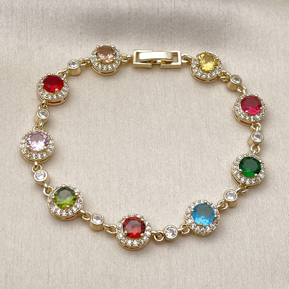 Oro Laminado Tennis Bracelet, Gold Filled Style Cluster Design, with Multicolor and White Cubic Zirconia, Polished, Golden Finish