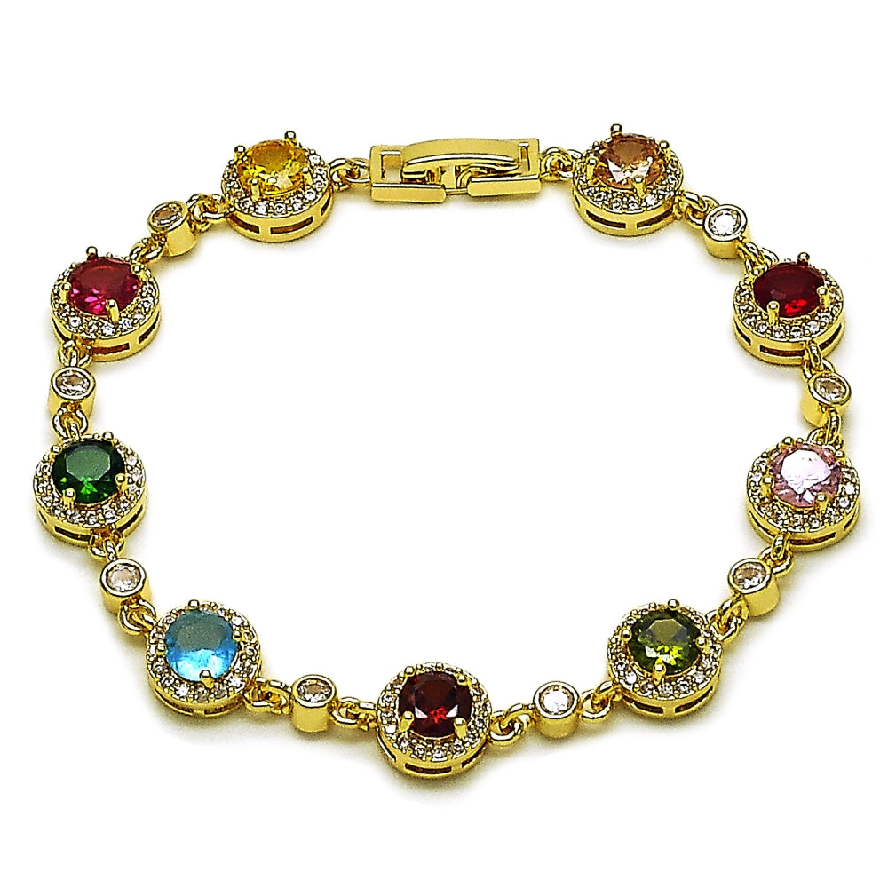 Oro Laminado Tennis Bracelet, Gold Filled Style Cluster Design, with Multicolor and White Cubic Zirconia, Polished, Golden Finish