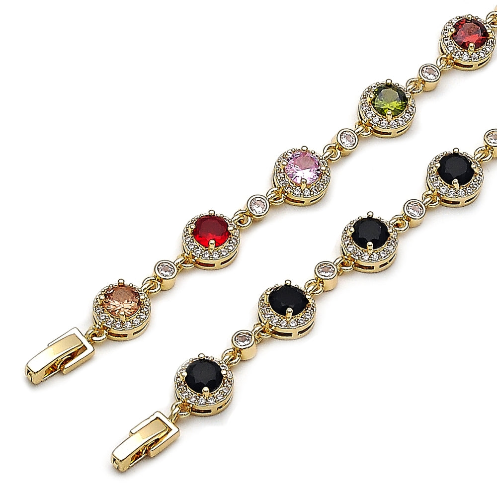 Oro Laminado Tennis Bracelet, Gold Filled Style Cluster Design, with Multicolor and White Cubic Zirconia, Polished, Golden Finish
