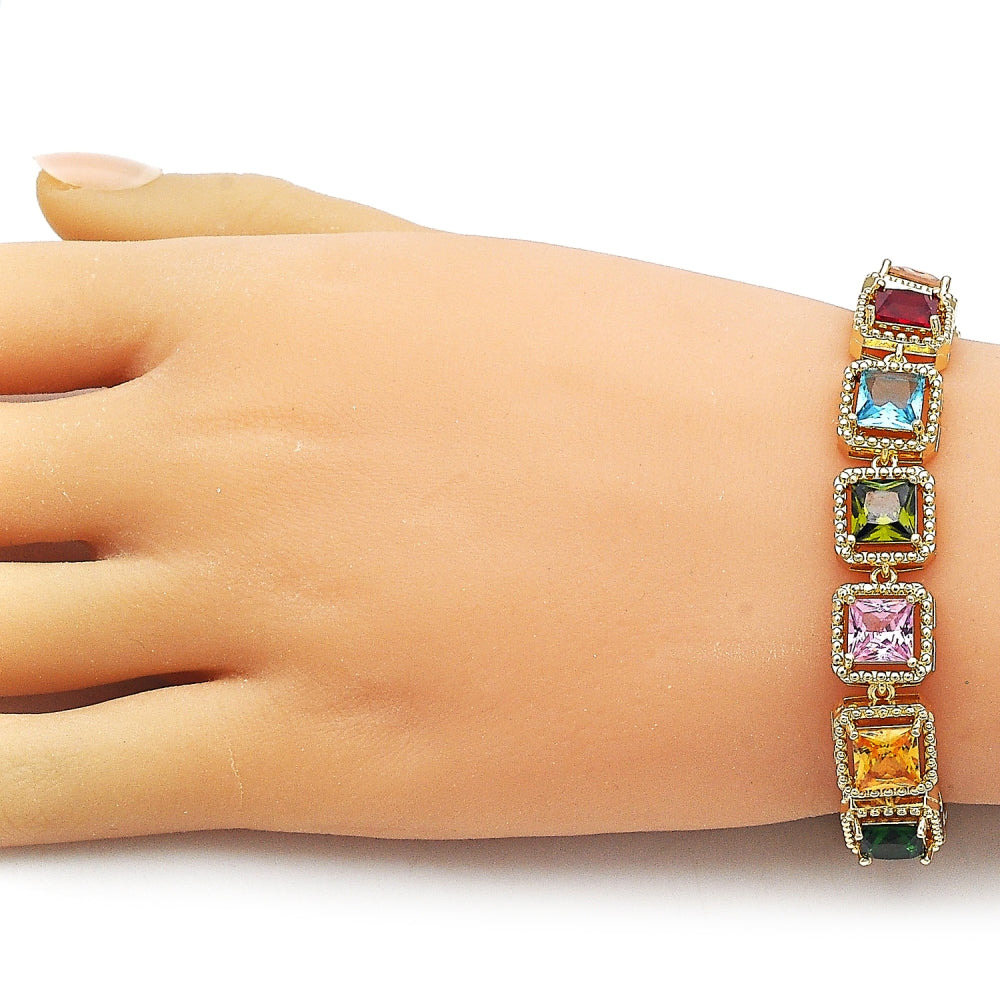 Oro Laminado Tennis Bracelet, Gold Filled Style with Multicolor Cubic Zirconia, Polished, Golden Finish