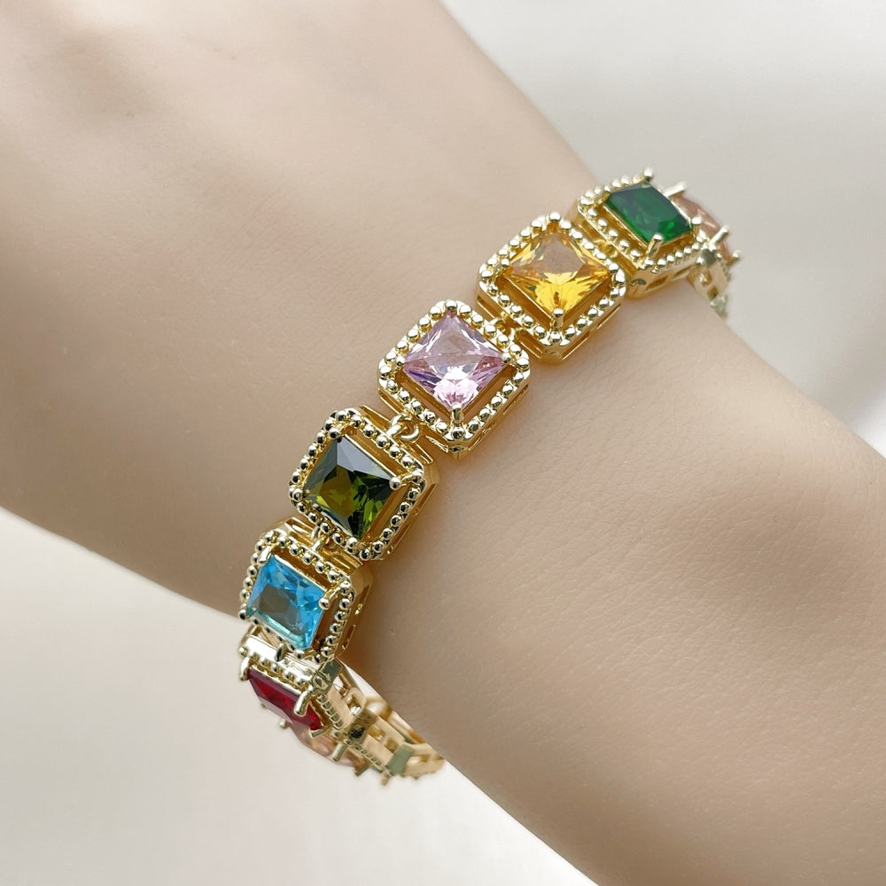 Oro Laminado Tennis Bracelet, Gold Filled Style with Multicolor Cubic Zirconia, Polished, Golden Finish