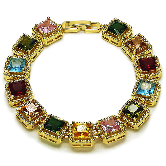 Oro Laminado Tennis Bracelet, Gold Filled Style with Multicolor Cubic Zirconia, Polished, Golden Finish