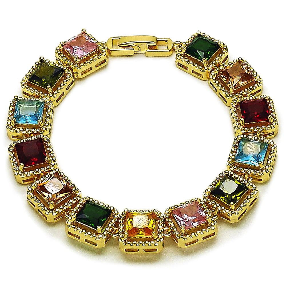 Oro Laminado Tennis Bracelet, Gold Filled Style with Multicolor Cubic Zirconia, Polished, Golden Finish
