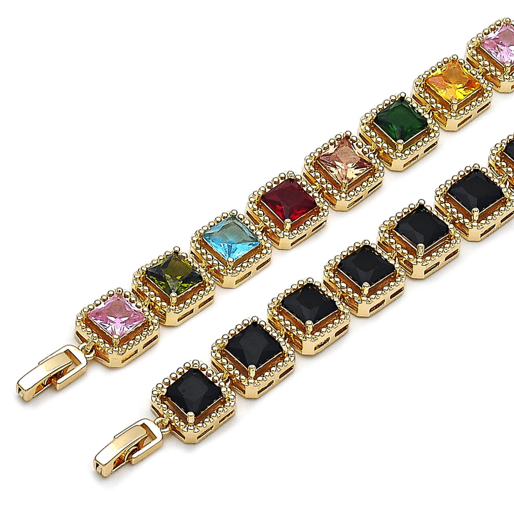 Oro Laminado Tennis Bracelet, Gold Filled Style with Multicolor Cubic Zirconia, Polished, Golden Finish