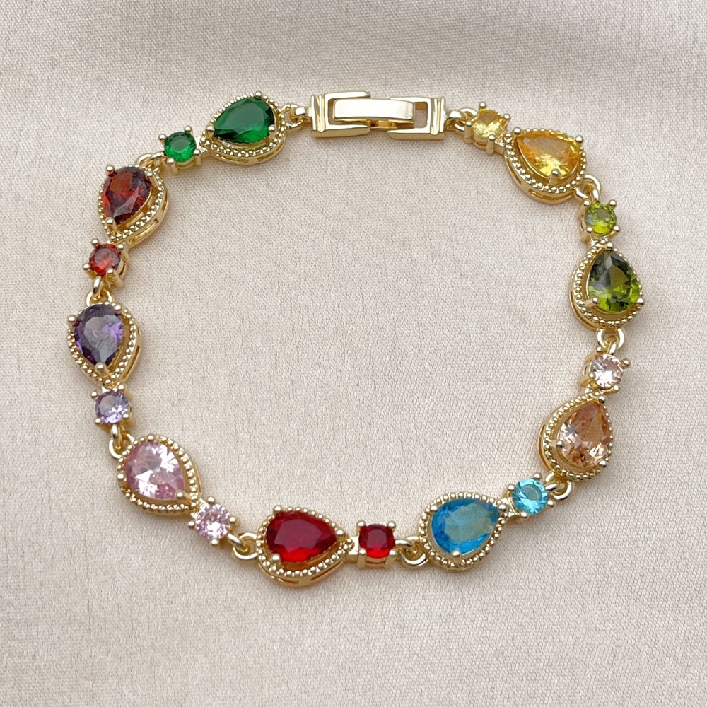 Oro Laminado Tennis Bracelet, Gold Filled Style Teardrop Design, with Multicolor Cubic Zirconia, Polished, Golden Finish