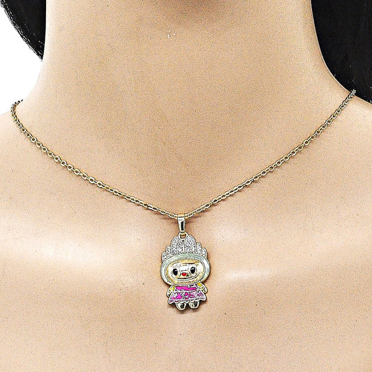 Oro Laminado Fancy Pendant, Gold Filled Style with White Cubic Zirconia, Green Enamel Finish, Golden Finish