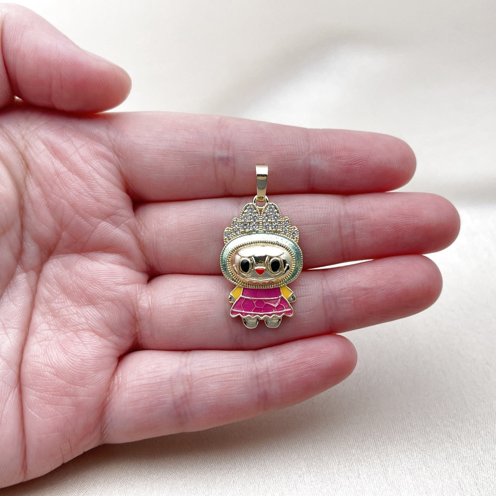 Oro Laminado Fancy Pendant, Gold Filled Style with White Cubic Zirconia, Green Enamel Finish, Golden Finish