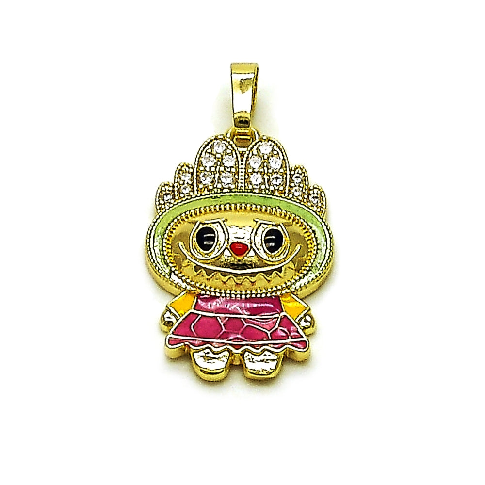Oro Laminado Fancy Pendant, Gold Filled Style with White Cubic Zirconia, Green Enamel Finish, Golden Finish