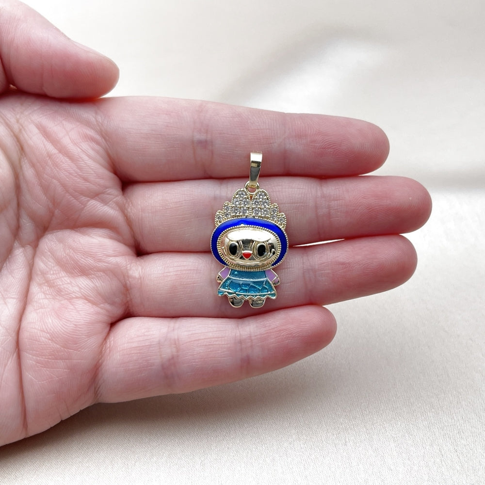 Oro Laminado Fancy Pendant, Gold Filled Style with White Cubic Zirconia, Blue Enamel Finish, Golden Finish