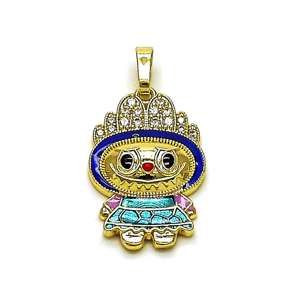 Oro Laminado Fancy Pendant, Gold Filled Style with White Cubic Zirconia, Blue Enamel Finish, Golden Finish