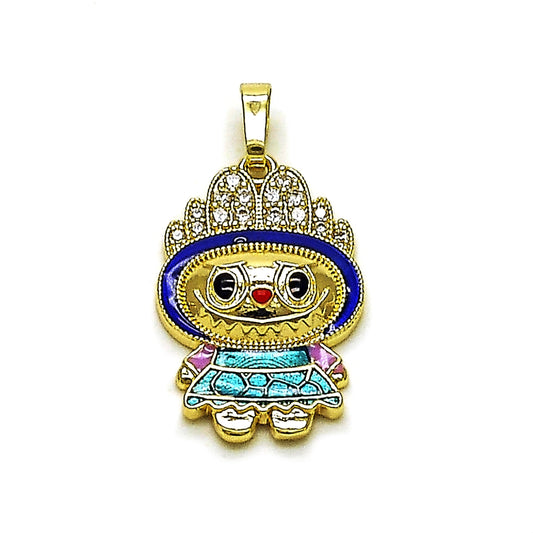 Oro Laminado Fancy Pendant, Gold Filled Style with White Cubic Zirconia, Blue Enamel Finish, Golden Finish