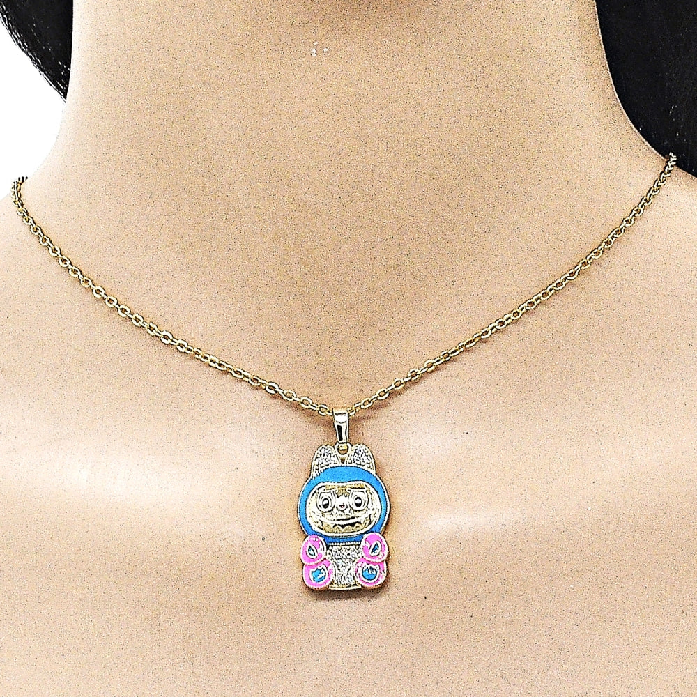 Oro Laminado Fancy Pendant, Gold Filled Style with White Cubic Zirconia, Blue Enamel Finish, Golden Finish