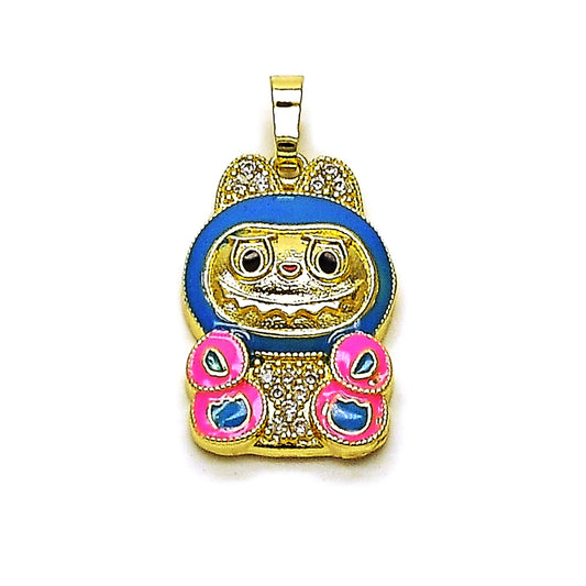 Oro Laminado Fancy Pendant, Gold Filled Style with White Cubic Zirconia, Blue Enamel Finish, Golden Finish