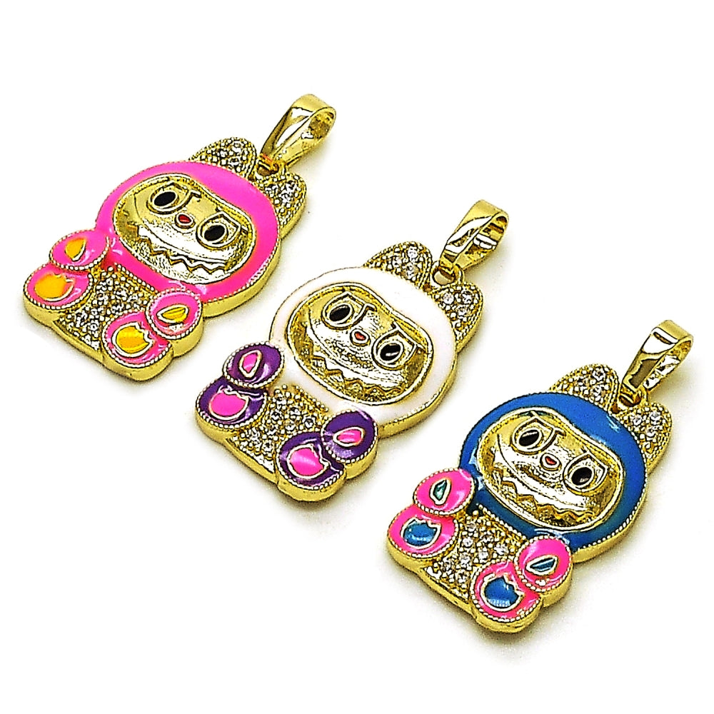 Oro Laminado Fancy Pendant, Gold Filled Style with White Cubic Zirconia, Blue Enamel Finish, Golden Finish