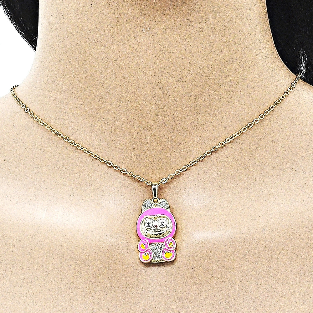 Oro Laminado Fancy Pendant, Gold Filled Style with White Cubic Zirconia, Pink Enamel Finish, Golden Finish