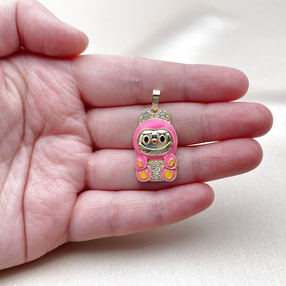 Oro Laminado Fancy Pendant, Gold Filled Style with White Cubic Zirconia, Pink Enamel Finish, Golden Finish