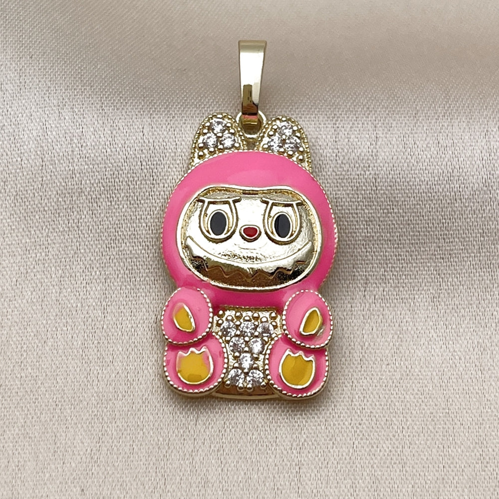 Oro Laminado Fancy Pendant, Gold Filled Style with White Cubic Zirconia, Pink Enamel Finish, Golden Finish