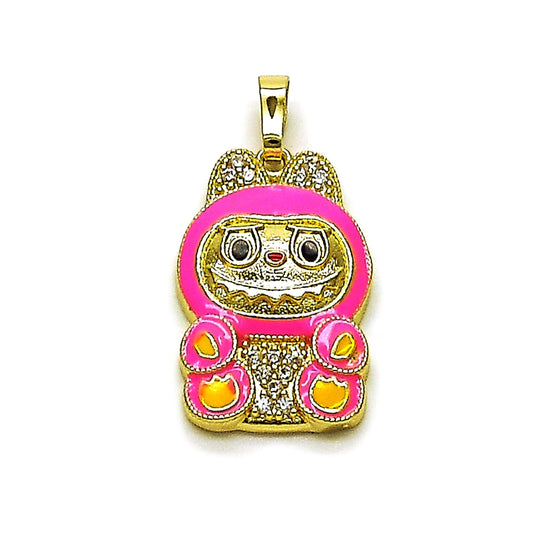 Oro Laminado Fancy Pendant, Gold Filled Style with White Cubic Zirconia, Pink Enamel Finish, Golden Finish