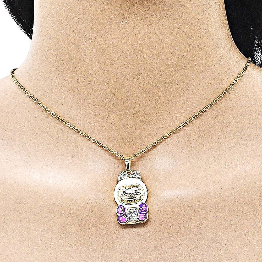 Oro Laminado Fancy Pendant, Gold Filled Style with White Cubic Zirconia, White Enamel Finish, Golden Finish