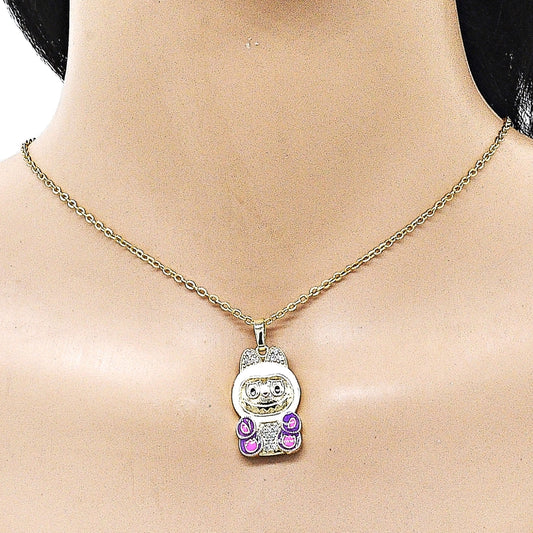 Oro Laminado Fancy Pendant, Gold Filled Style with White Cubic Zirconia, White Enamel Finish, Golden Finish