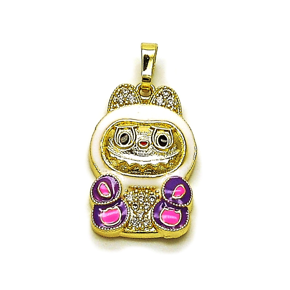 Oro Laminado Fancy Pendant, Gold Filled Style with White Cubic Zirconia, White Enamel Finish, Golden Finish
