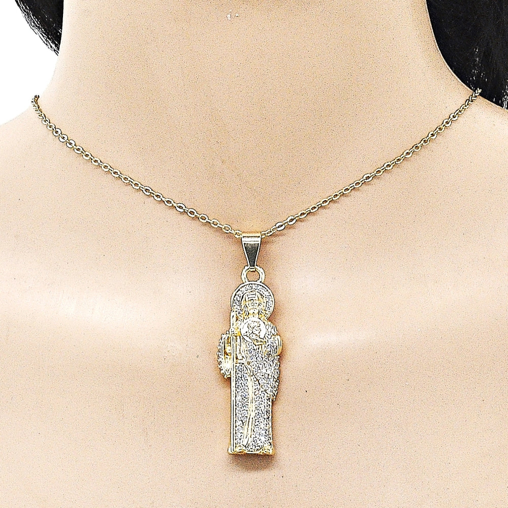 Oro Laminado Religious Pendant, Gold Filled Style San Judas Design, with White Cubic Zirconia, Polished, Golden Finish