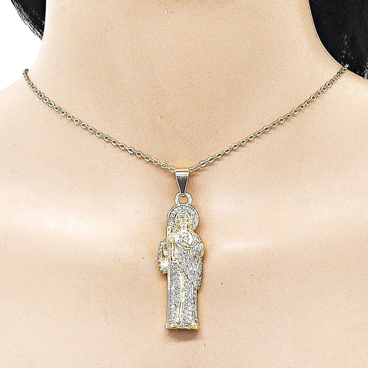 Oro Laminado Religious Pendant, Gold Filled Style San Judas Design, with White Cubic Zirconia, Polished, Golden Finish