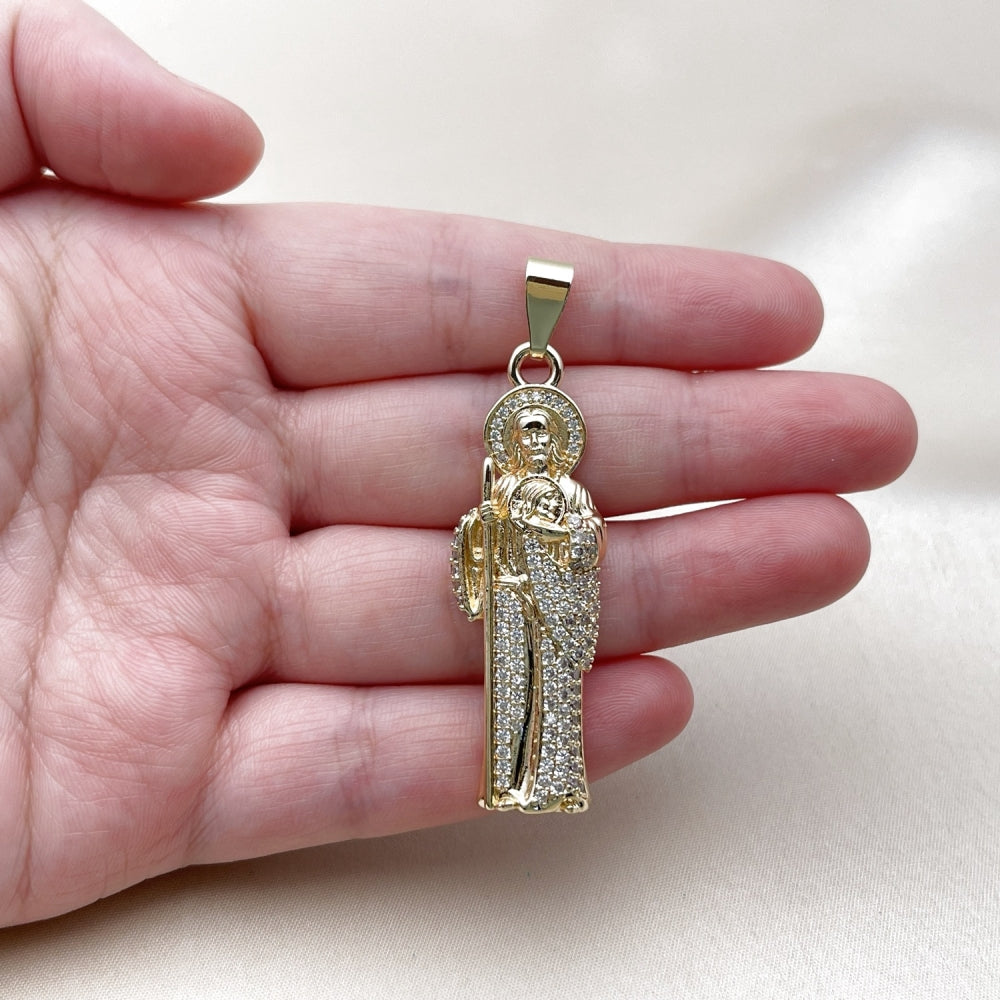Oro Laminado Religious Pendant, Gold Filled Style San Judas Design, with White Cubic Zirconia, Polished, Golden Finish