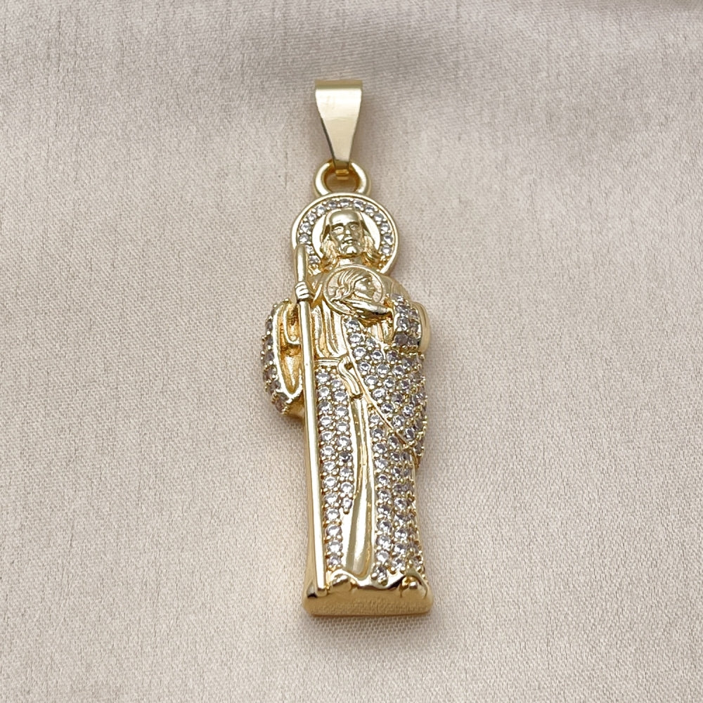 Oro Laminado Religious Pendant, Gold Filled Style San Judas Design, with White Cubic Zirconia, Polished, Golden Finish