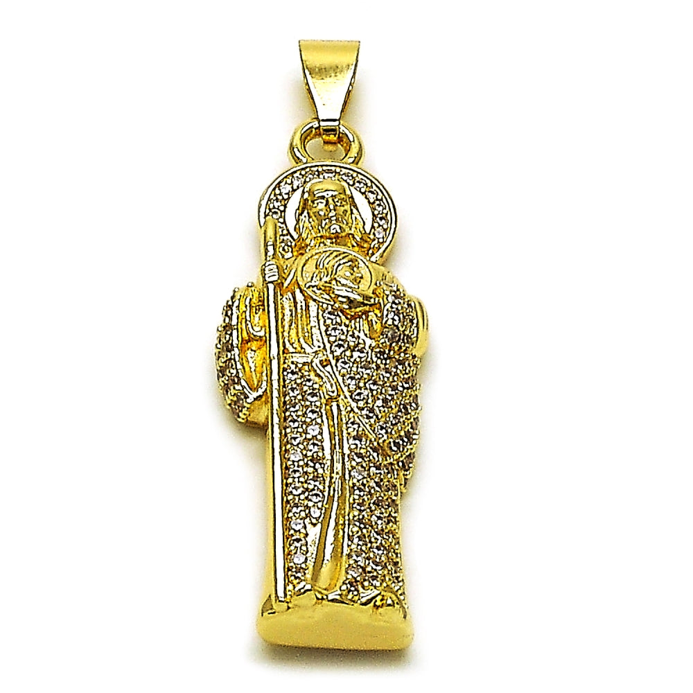 Oro Laminado Religious Pendant, Gold Filled Style San Judas Design, with White Cubic Zirconia, Polished, Golden Finish