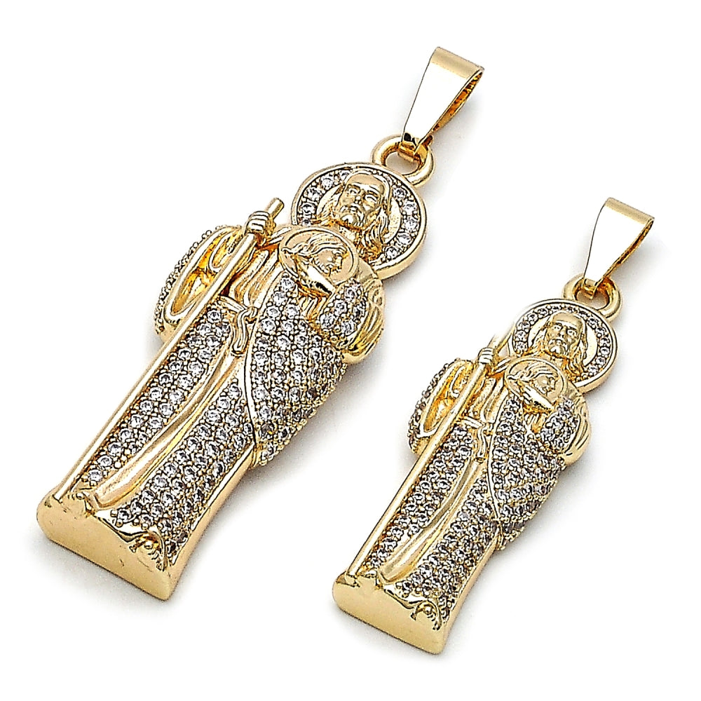 Oro Laminado Religious Pendant, Gold Filled Style San Judas Design, with White Cubic Zirconia, Polished, Golden Finish
