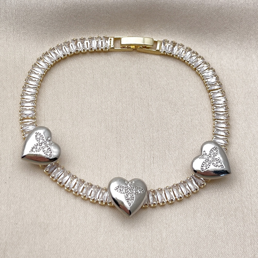 Oro Laminado Tennis Bracelet, Gold Filled Style Heart and Baguette Design, with White Cubic Zirconia and White Micro Pave, Polished, Two Tone