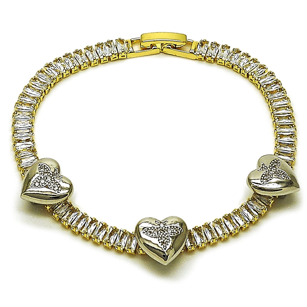 Oro Laminado Tennis Bracelet, Gold Filled Style Heart and Baguette Design, with White Cubic Zirconia and White Micro Pave, Polished, Two Tone