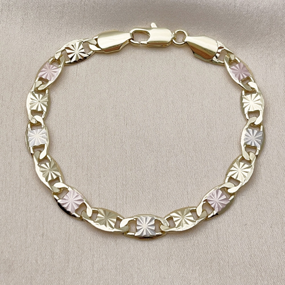 Oro Laminado Basic Bracelet, Gold Filled Style Mariner Design, Diamond Cutting Finish, Tricolor