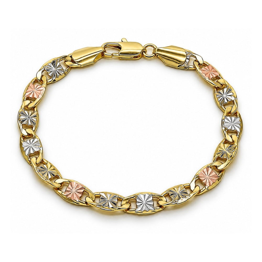 Oro Laminado Basic Bracelet, Gold Filled Style Mariner Design, Diamond Cutting Finish, Tricolor