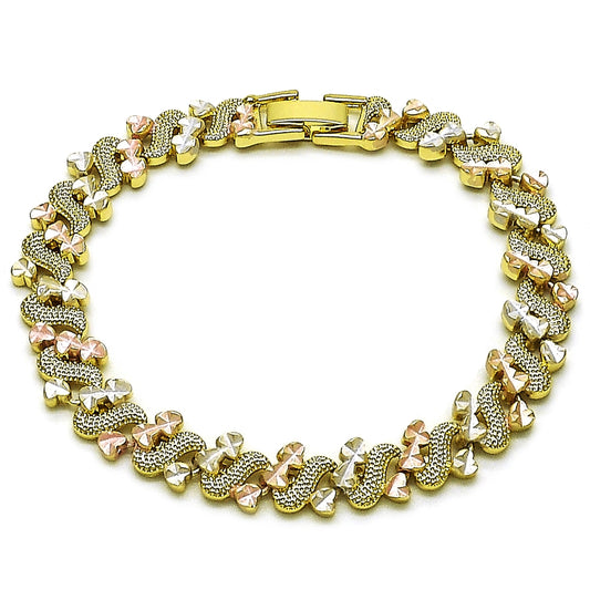 Oro Laminado Solid Bracelet, Gold Filled Style Heart Design, Diamond Cutting Finish, Tricolor