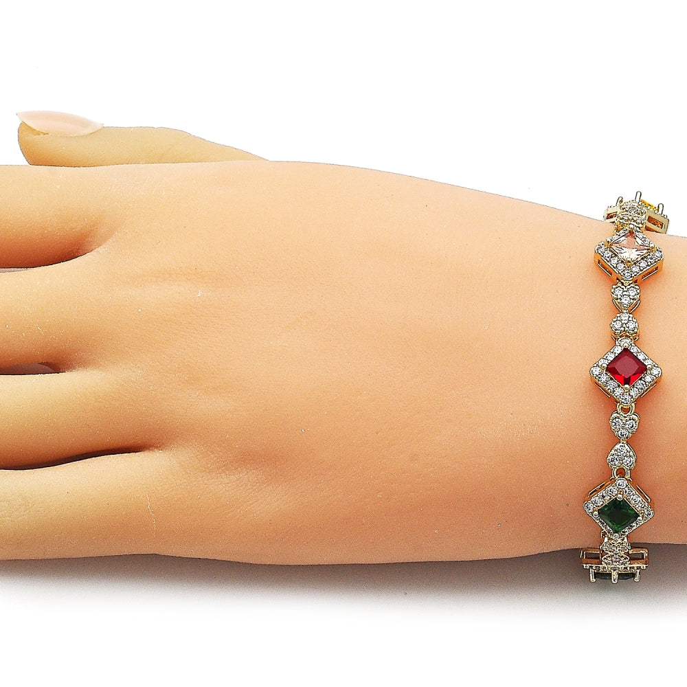 Oro Laminado Tennis Bracelet, Gold Filled Style Cluster and Heart Design, with Multicolor and White Cubic Zirconia, Polished, Golden Finish