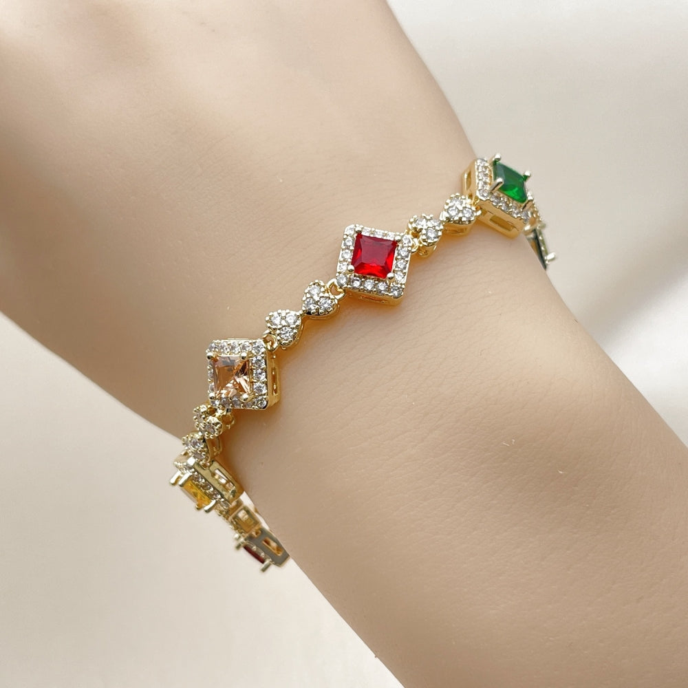 Oro Laminado Tennis Bracelet, Gold Filled Style Cluster and Heart Design, with Multicolor and White Cubic Zirconia, Polished, Golden Finish
