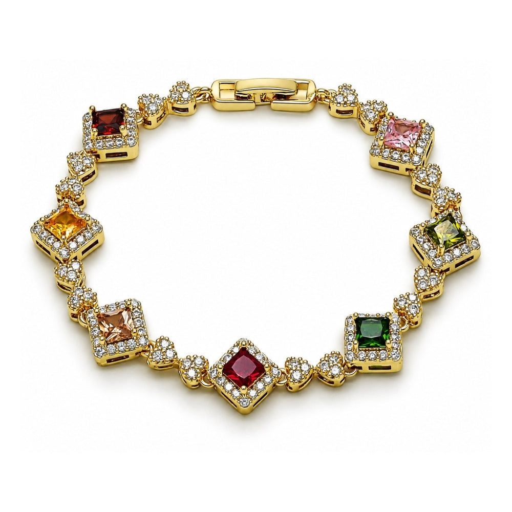 Oro Laminado Tennis Bracelet, Gold Filled Style Cluster and Heart Design, with Multicolor and White Cubic Zirconia, Polished, Golden Finish