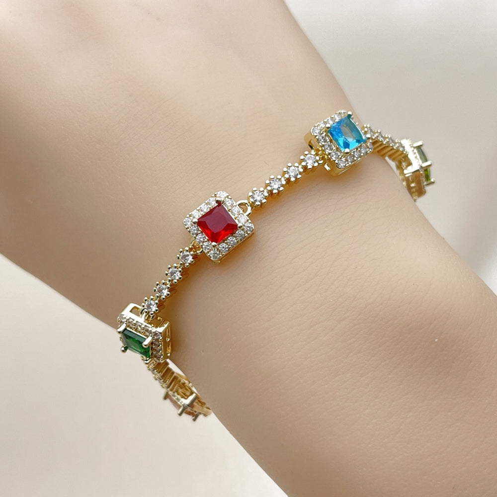 Oro Laminado Tennis Bracelet, Gold Filled Style Cluster Design, with Multicolor and White Cubic Zirconia, Polished, Golden Finish