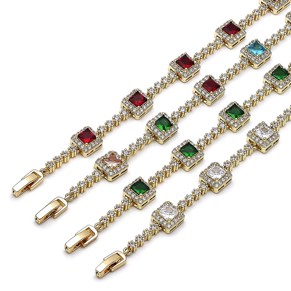 Oro Laminado Tennis Bracelet, Gold Filled Style Cluster Design, with Multicolor and White Cubic Zirconia, Polished, Golden Finish