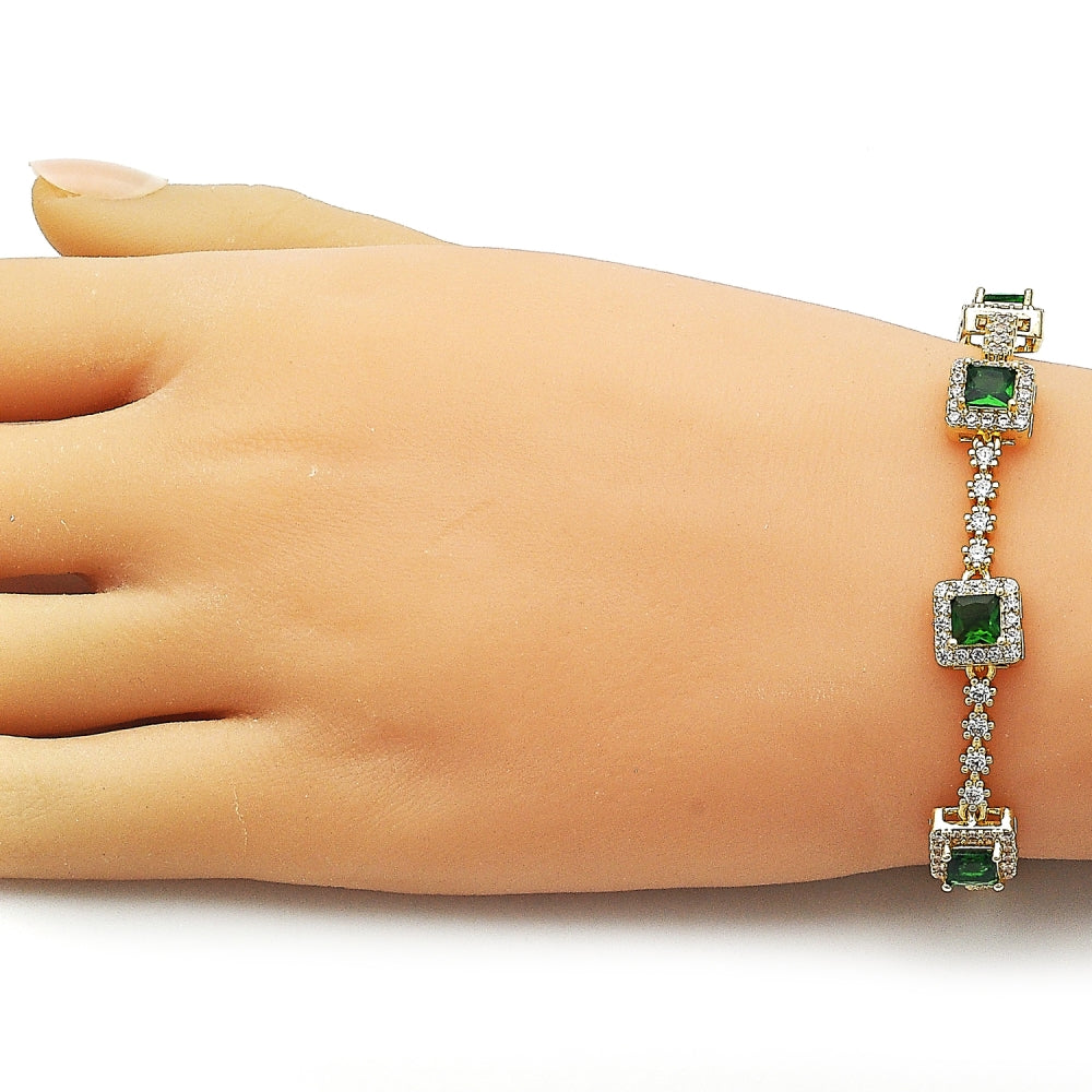 Oro Laminado Tennis Bracelet, Gold Filled Style Cluster Design, with Green and White Cubic Zirconia, Polished, Golden Finish