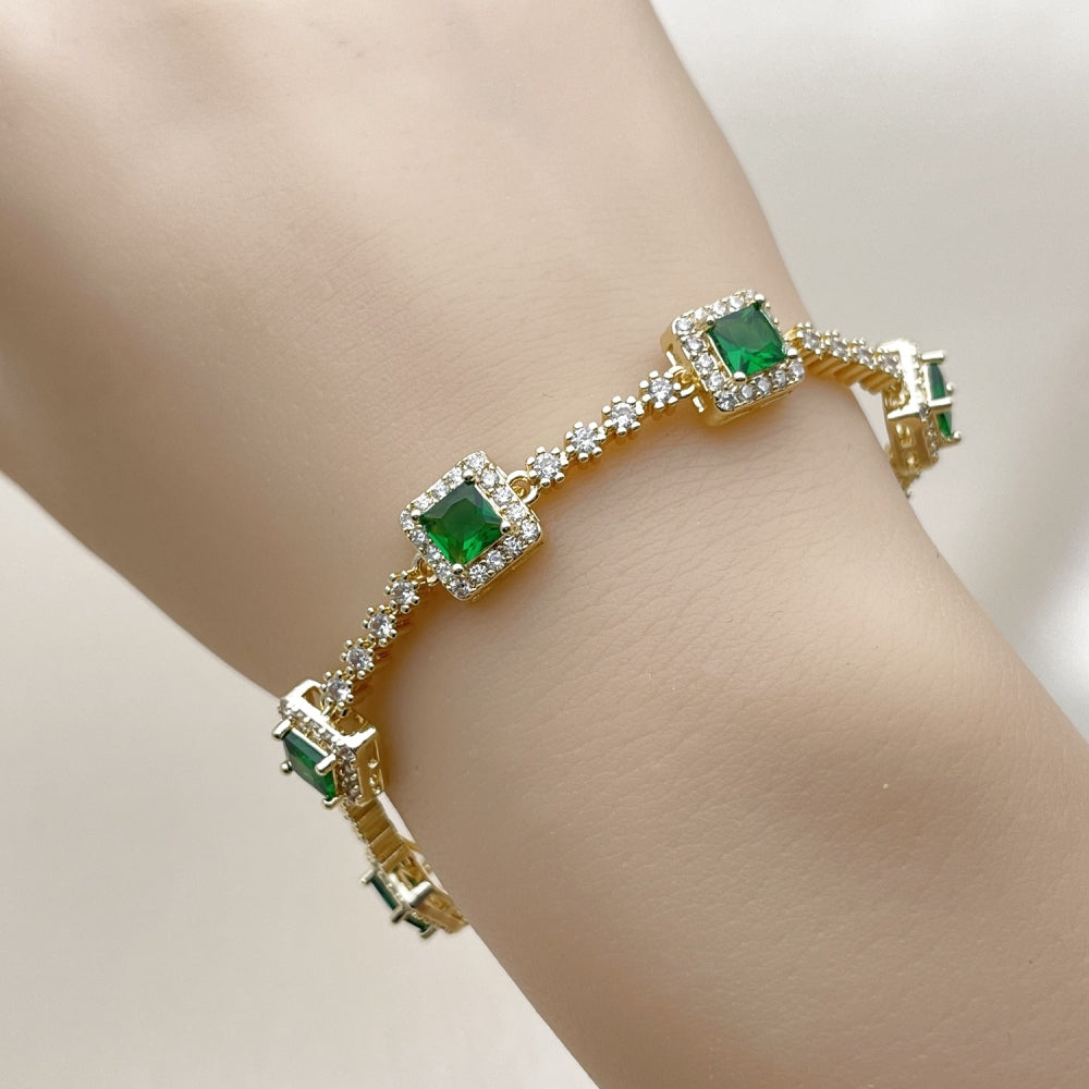 Oro Laminado Tennis Bracelet, Gold Filled Style Cluster Design, with Green and White Cubic Zirconia, Polished, Golden Finish