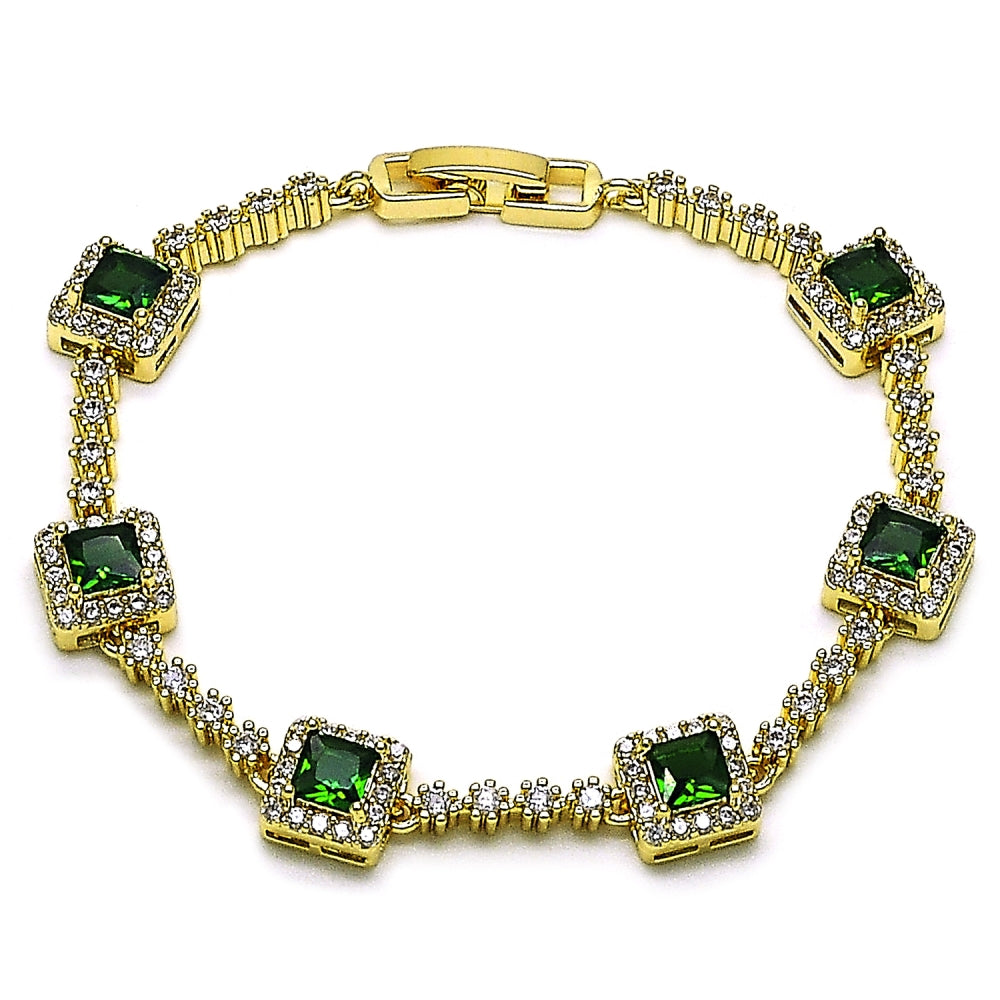 Oro Laminado Tennis Bracelet, Gold Filled Style Cluster Design, with Green and White Cubic Zirconia, Polished, Golden Finish