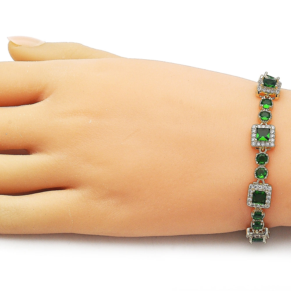 Oro Laminado Tennis Bracelet, Gold Filled Style Cluster Design, with Green and White Cubic Zirconia, Polished, Golden Finish