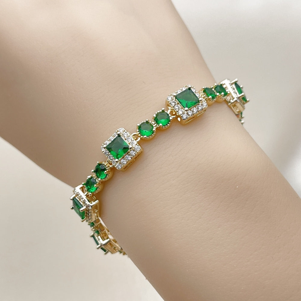 Oro Laminado Tennis Bracelet, Gold Filled Style Cluster Design, with Green and White Cubic Zirconia, Polished, Golden Finish