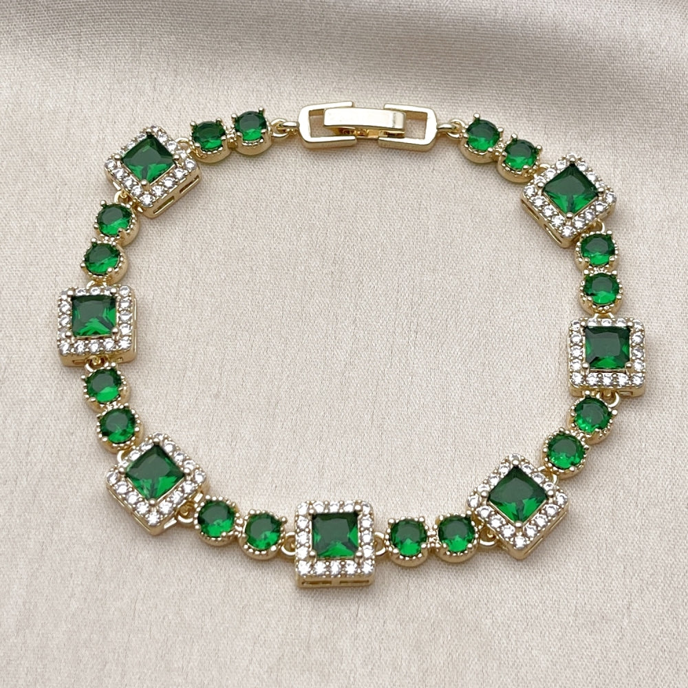 Oro Laminado Tennis Bracelet, Gold Filled Style Cluster Design, with Green and White Cubic Zirconia, Polished, Golden Finish
