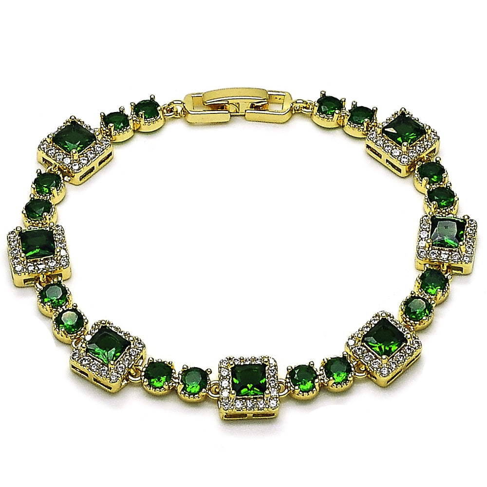 Oro Laminado Tennis Bracelet, Gold Filled Style Cluster Design, with Green and White Cubic Zirconia, Polished, Golden Finish